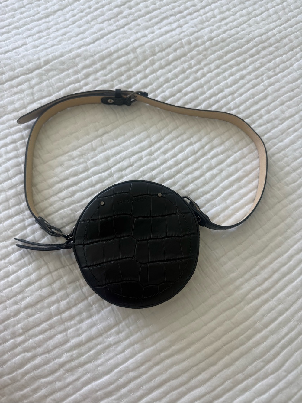 Round Black Croc-Embossed Leather Crossbody Belt Bag